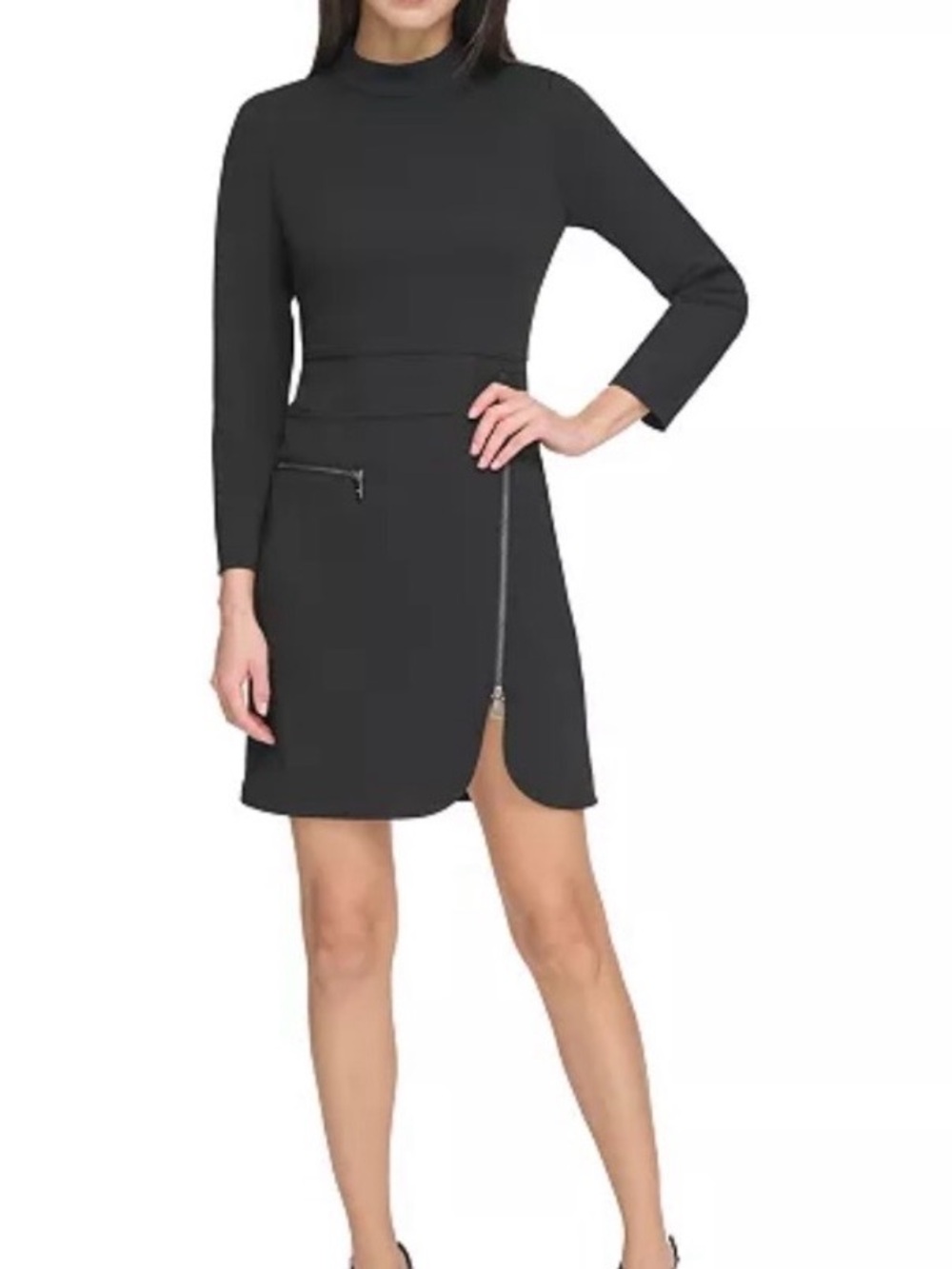 DKNY Zip Detail Long Sleeve Mock Neck Dress